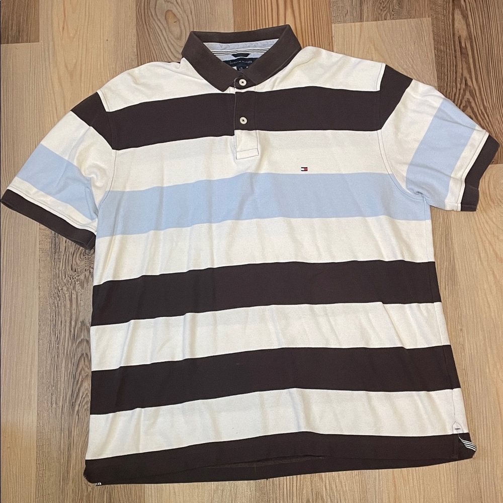 Tommy Hilfiger Men's Polo Shirt - Brown and Light Blue Stripes